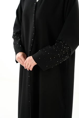 Black Melanie Crepe Custom Abaya with Front Beadwork