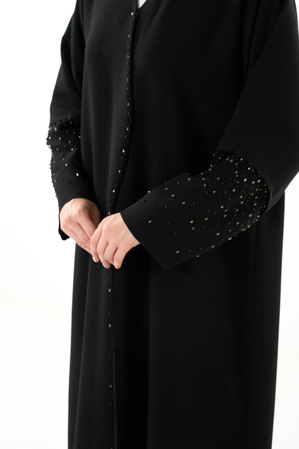 Black Melanie Crepe Custom Abaya with Front Beadwork