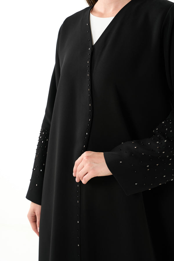 Black Melanie Crepe Custom Abaya with Front Beadwork