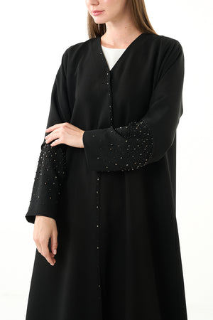 Black Melanie Crepe Custom Abaya with Front Beadwork