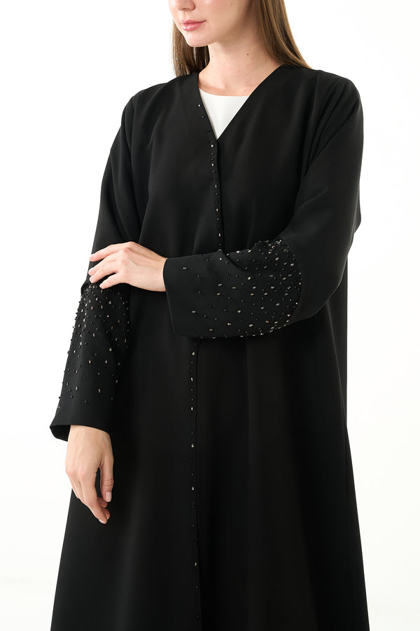 Black Melanie Crepe Custom Abaya with Front Beadwork