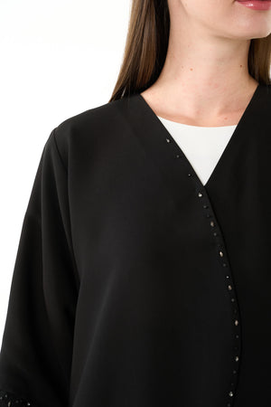 Black Melanie Crepe Custom Abaya with Front Beadwork