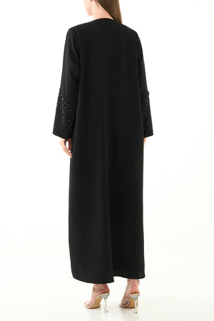 Black Melanie Crepe Custom Abaya with Front Beadwork