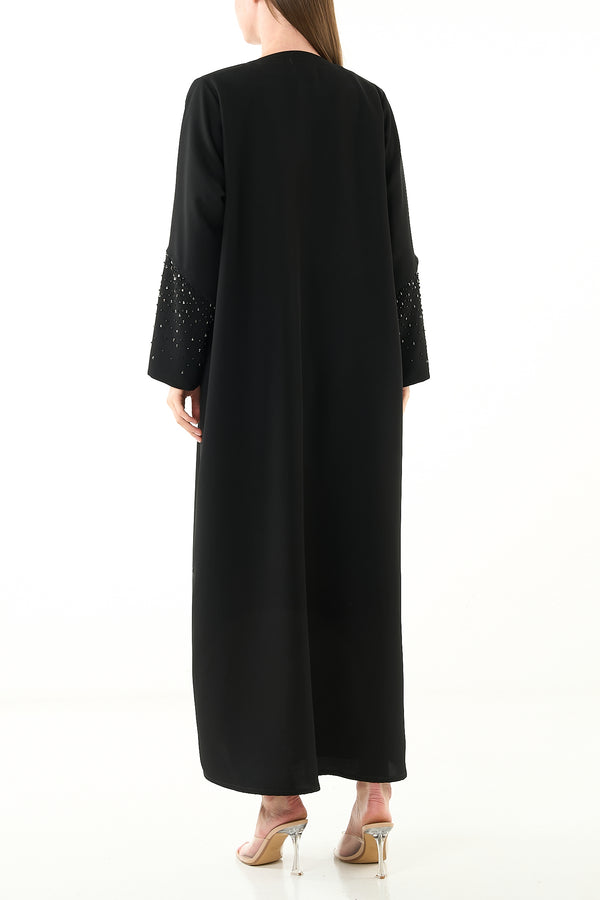 Black Melanie Crepe Custom Abaya with Front Beadwork