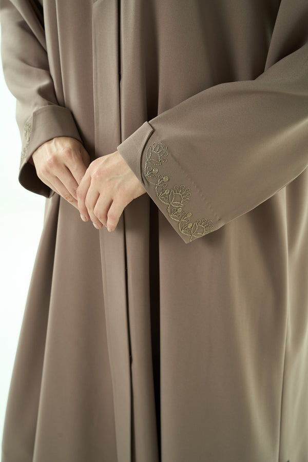 Beige Nova Crepe Abaya with Klosh Cut and Front Embroidery Detail