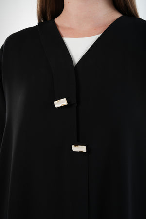 Black Wave Crepe Abaya with Overlap and Handwork Detail - Posh Abaya