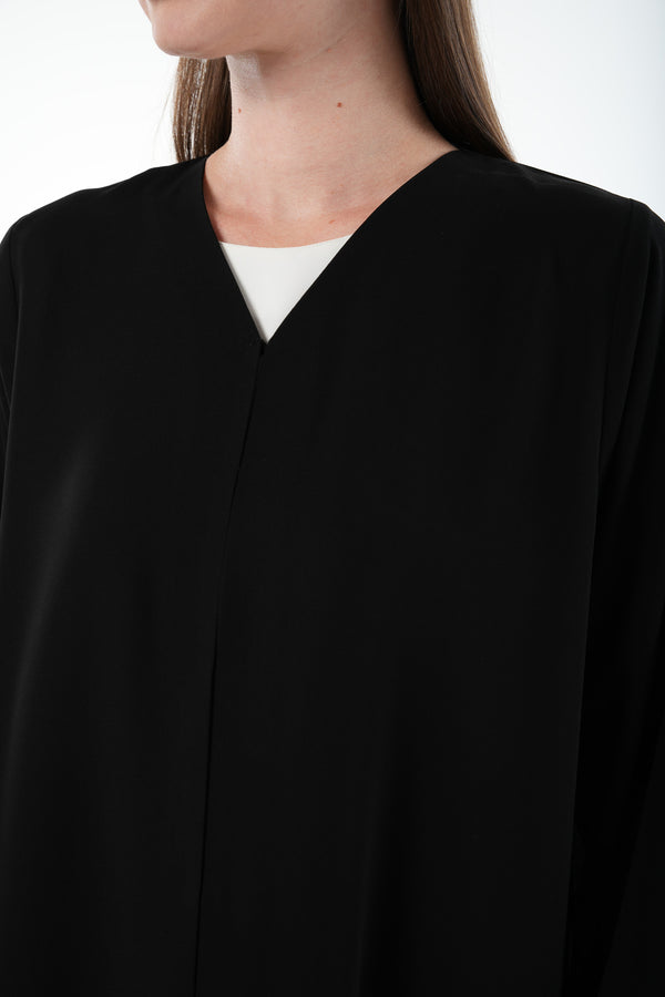 Black Claire Crepe Abaya with Organza Sleeve Detail and Clean Finish
