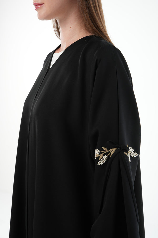 Black Emarati Crepe Custom Abaya with Gold Sleeve Embroidery and Tie Finish