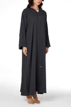 Grey Zoe Crepe Abaya with Beaded Curve Detail