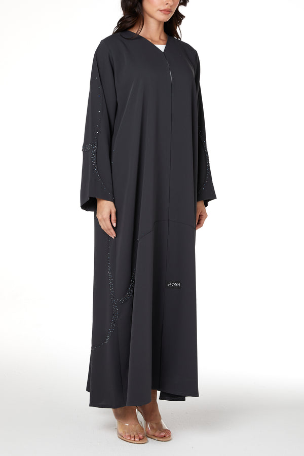 Grey Zoe Crepe Abaya with Beaded Curve Detail