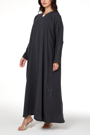 Grey Zoe Crepe Abaya with Beaded Curve Detail