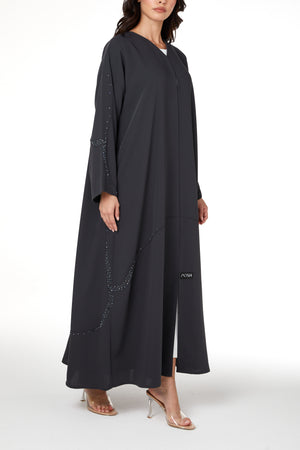 Grey Zoe Crepe Abaya with Beaded Curve Detail