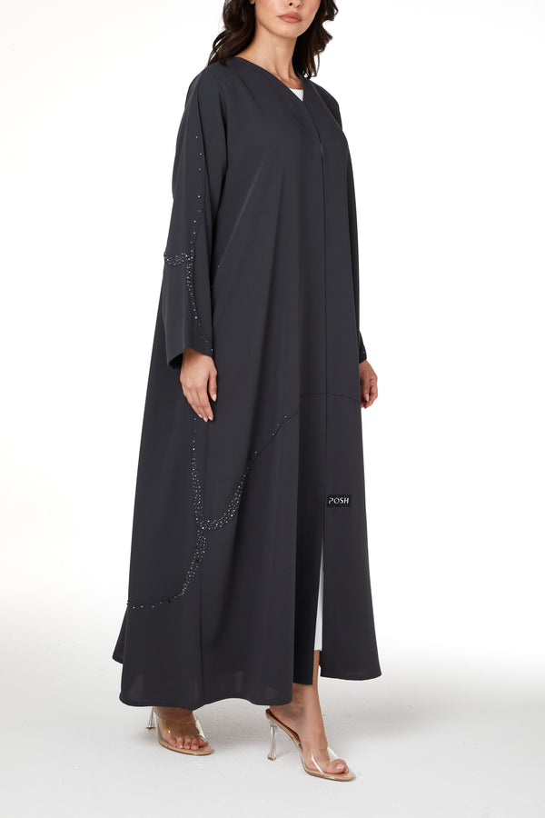 Grey Zoe Crepe Abaya with Beaded Curve Detail