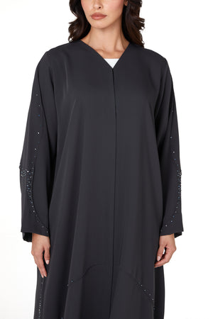 Grey Zoe Crepe Abaya with Beaded Curve Detail