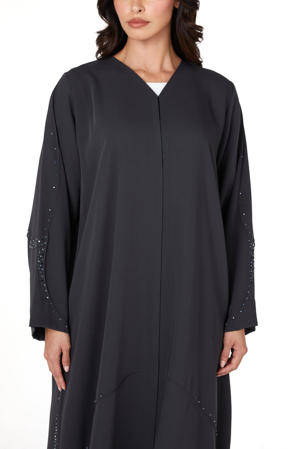 Grey Zoe Crepe Abaya with Beaded Curve Detail