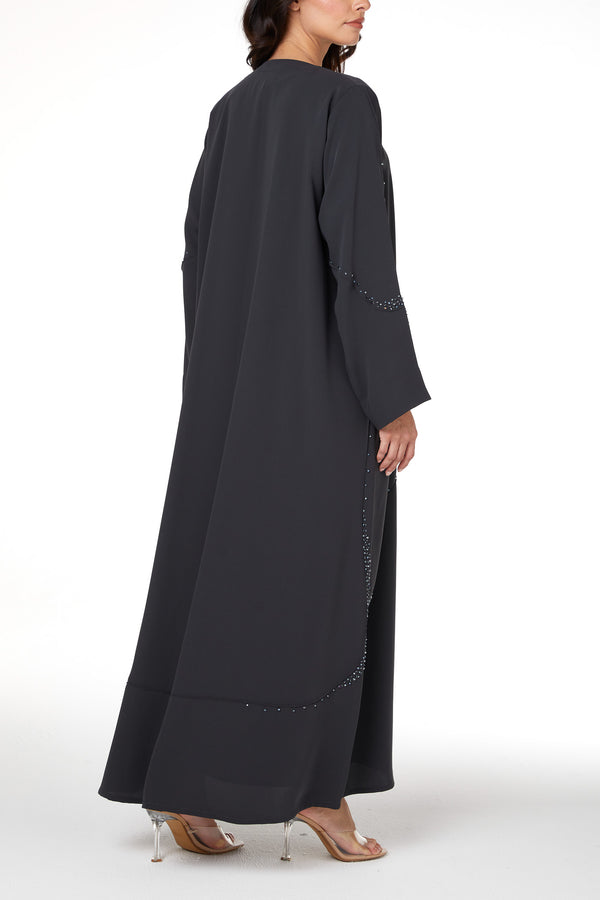 Grey Zoe Crepe Abaya with Beaded Curve Detail