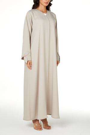 Beige Zoe Crepe Abaya with Petal Sleeve Gold Accent
