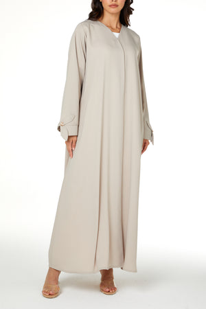 Beige Zoe Crepe Abaya with Petal Sleeve Gold Accent