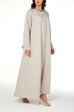 Beige Zoe Crepe Abaya with Petal Sleeve Gold Accent