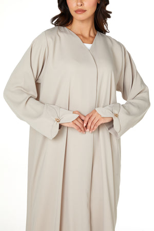 Beige Zoe Crepe Abaya with Petal Sleeve Gold Accent