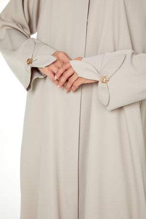 Beige Zoe Crepe Abaya with Petal Sleeve Gold Accent