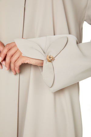 Beige Zoe Crepe Abaya with Petal Sleeve Gold Accent