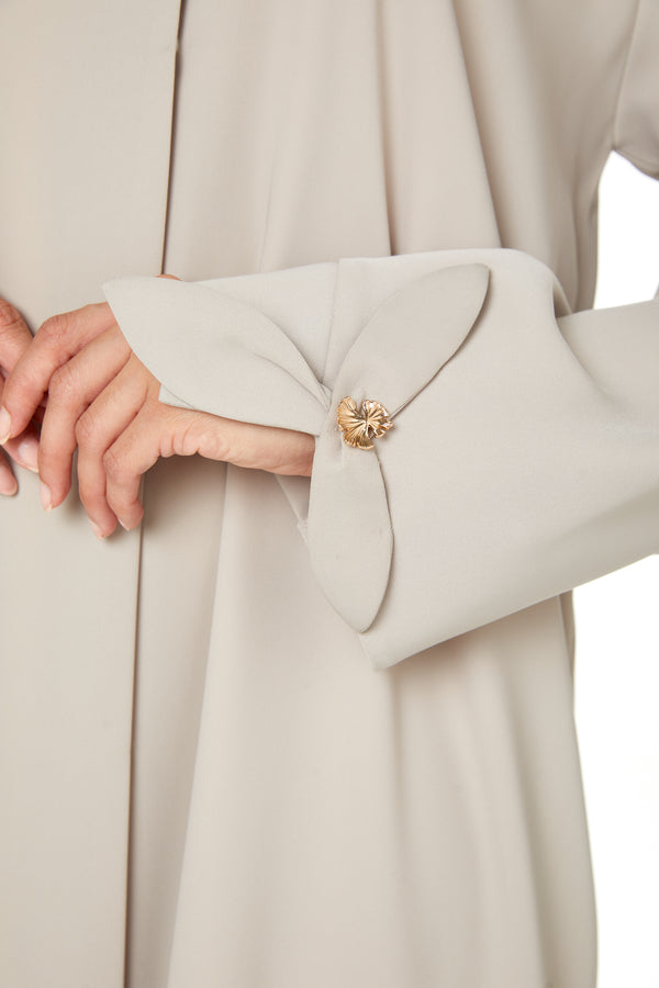 Beige Zoe Crepe Abaya with Petal Sleeve Gold Accent