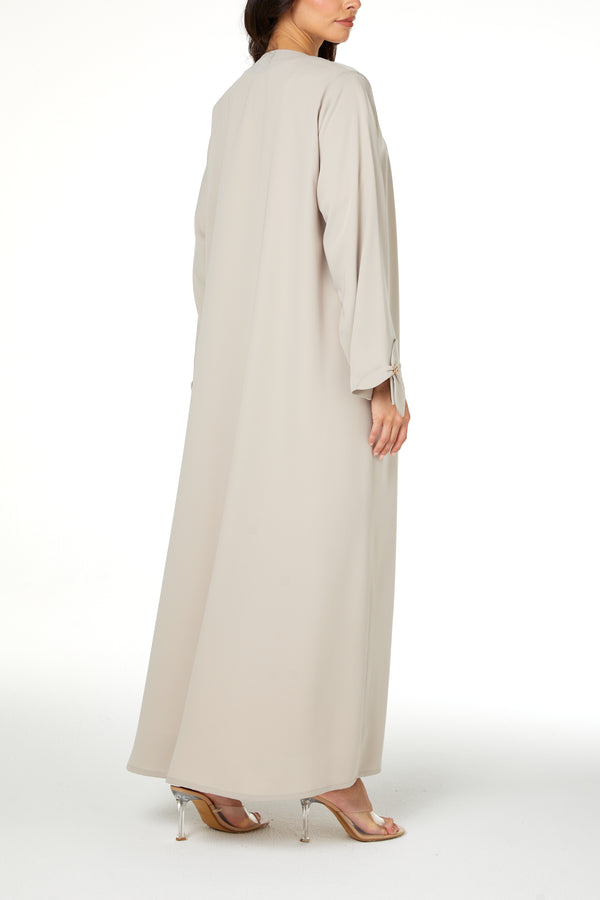 Beige Zoe Crepe Abaya with Petal Sleeve Gold Accent