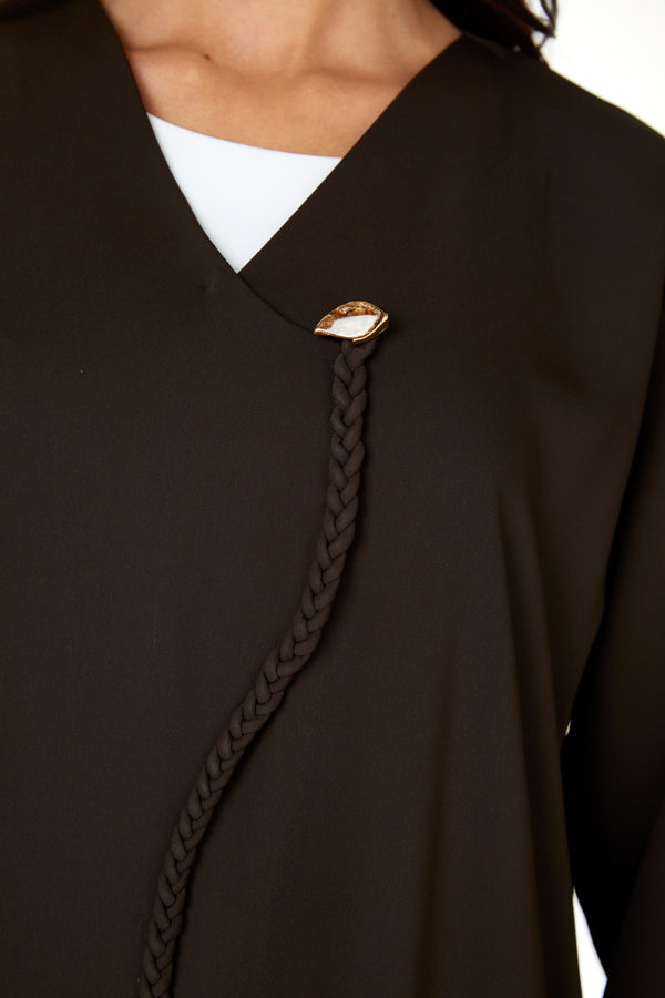 Brown Zoe Crepe Abaya with Braided Dori and Button Accent