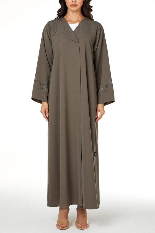 Green Lio Crepe Abaya with Sleeve Beadwork Detail