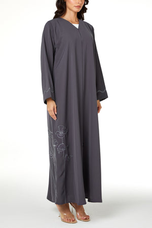 Grey Lio Crepe Abaya with Embroidered Detail