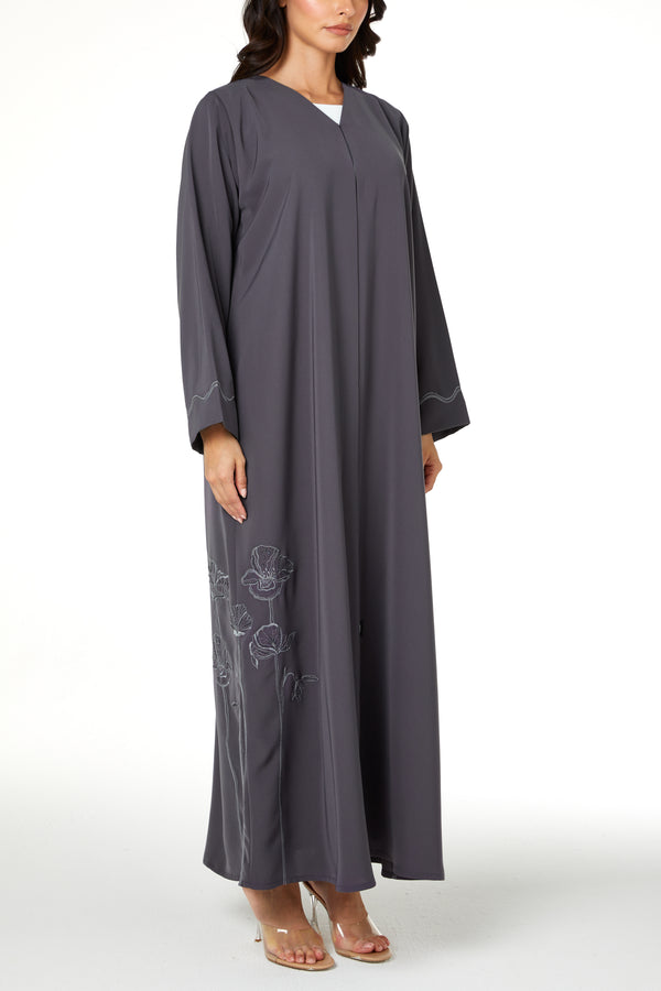 Grey Lio Crepe Abaya with Embroidered Detail