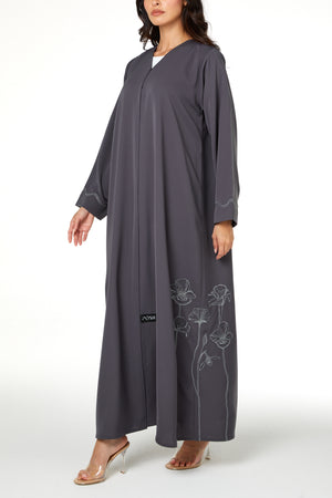 Grey Lio Crepe Abaya with Embroidered Detail