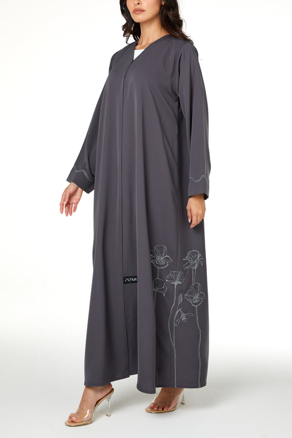 Grey Lio Crepe Abaya with Embroidered Detail