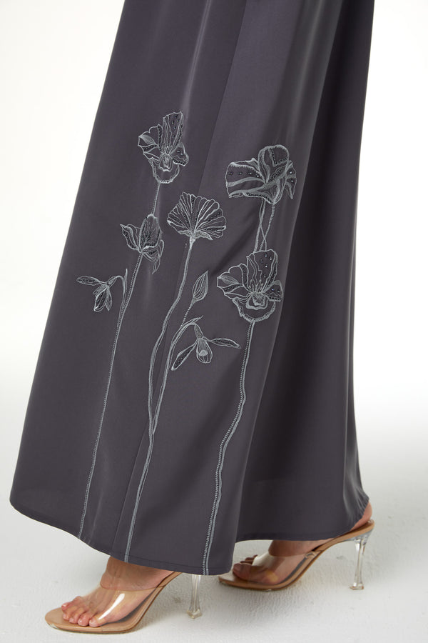 Grey Lio Crepe Abaya with Embroidered Detail