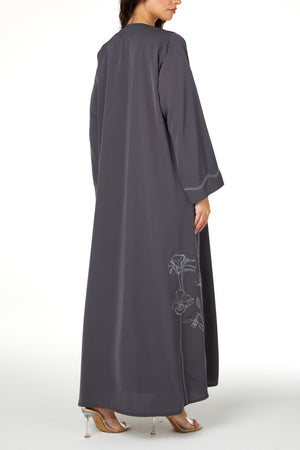 Grey Lio Crepe Abaya with Embroidered Detail