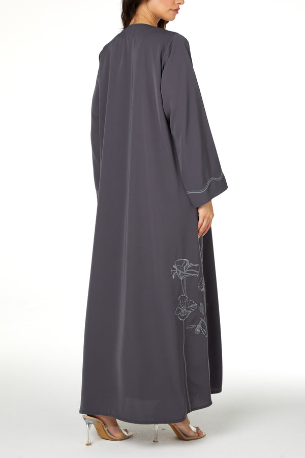 Grey Lio Crepe Abaya with Embroidered Detail
