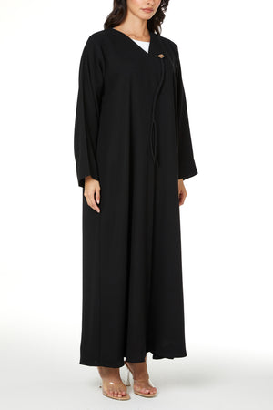Black Jaime Crepe Abaya with Braided Dori and Button Accent