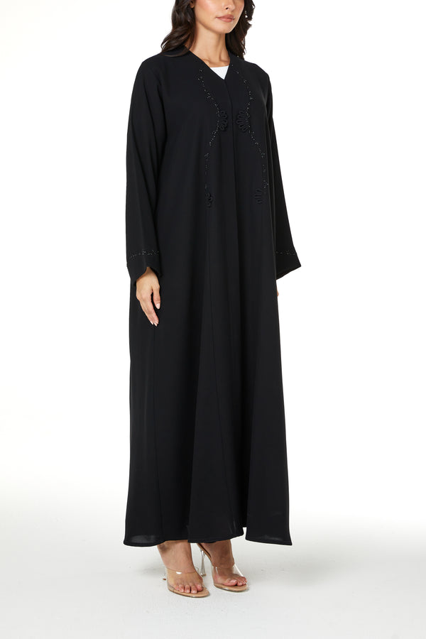 Black wave crepe Custom Abaya, Front Beadwork Detail
