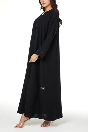 Black wave crepe Custom Abaya, Front Beadwork Detail