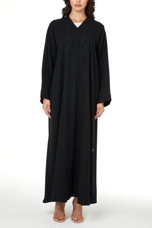 Black wave crepe Custom Abaya, Front Beadwork Detail