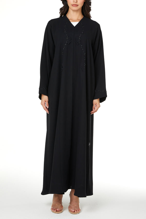 Black wave crepe Custom Abaya, Front Beadwork Detail