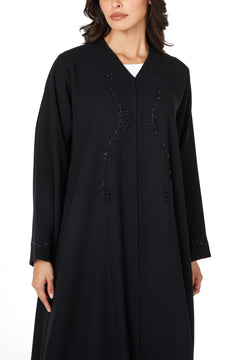 Black wave crepe Custom Abaya, Front Beadwork Detail