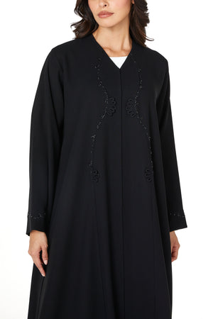 Black wave crepe Custom Abaya, Front Beadwork Detail