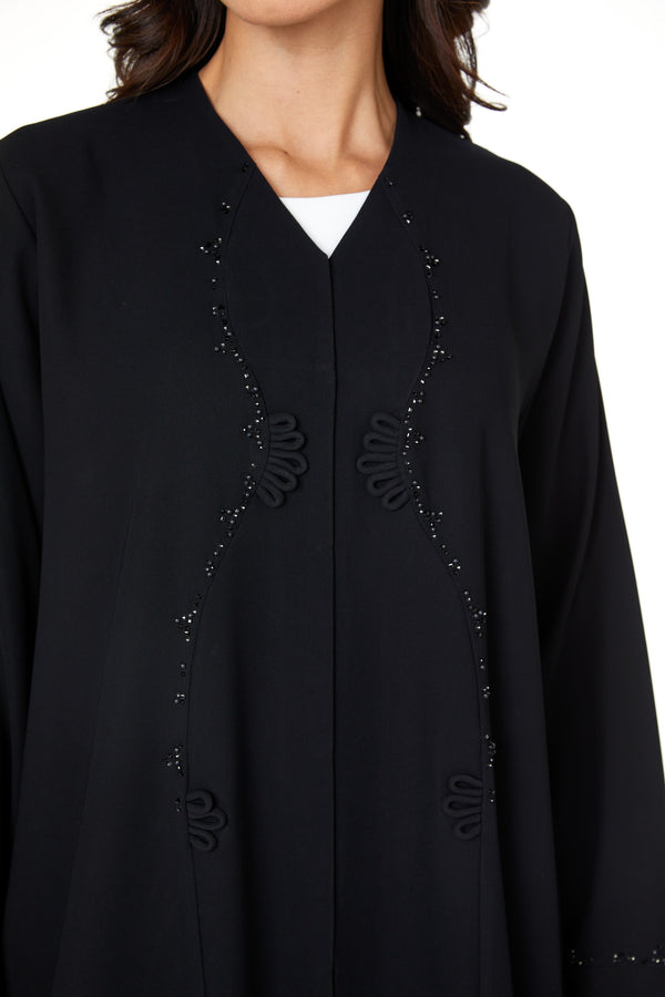 Black wave crepe Custom Abaya, Front Beadwork Detail