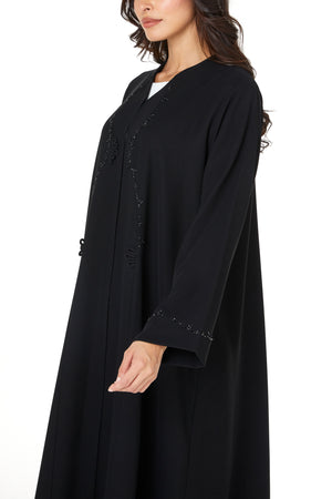 Black wave crepe Custom Abaya, Front Beadwork Detail