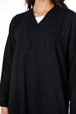 Black wave crepe Custom Abaya, Front Beadwork Detail