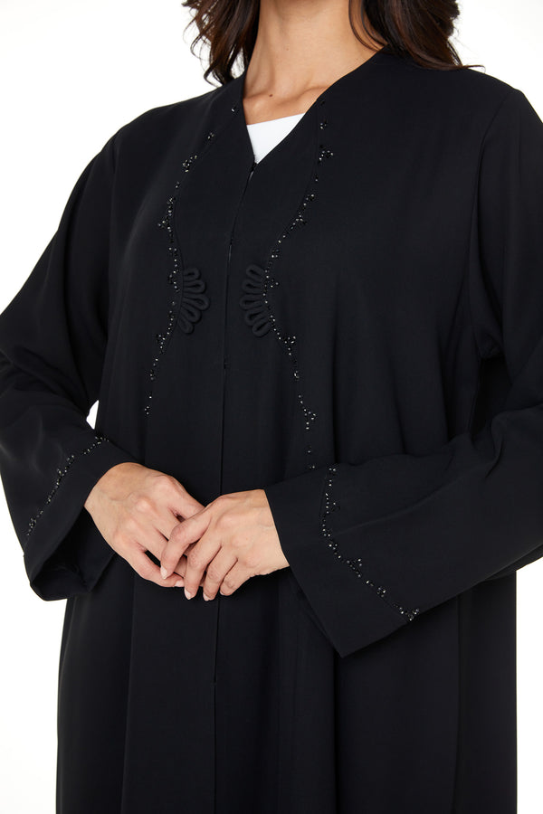 Black wave crepe Custom Abaya, Front Beadwork Detail