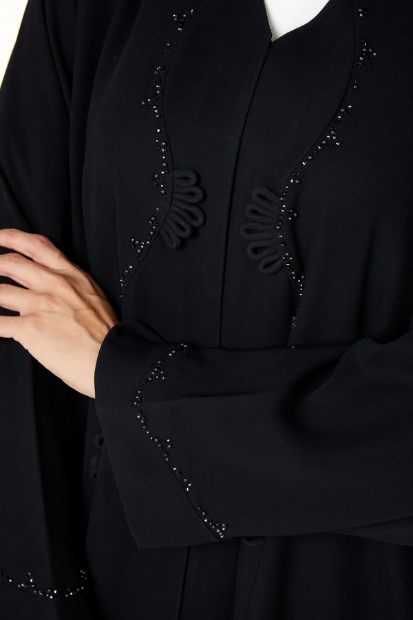 Black wave crepe Custom Abaya, Front Beadwork Detail