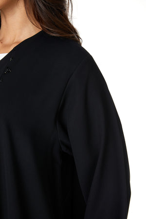 Black wave crepe Custom Abaya, Front Beadwork Detail
